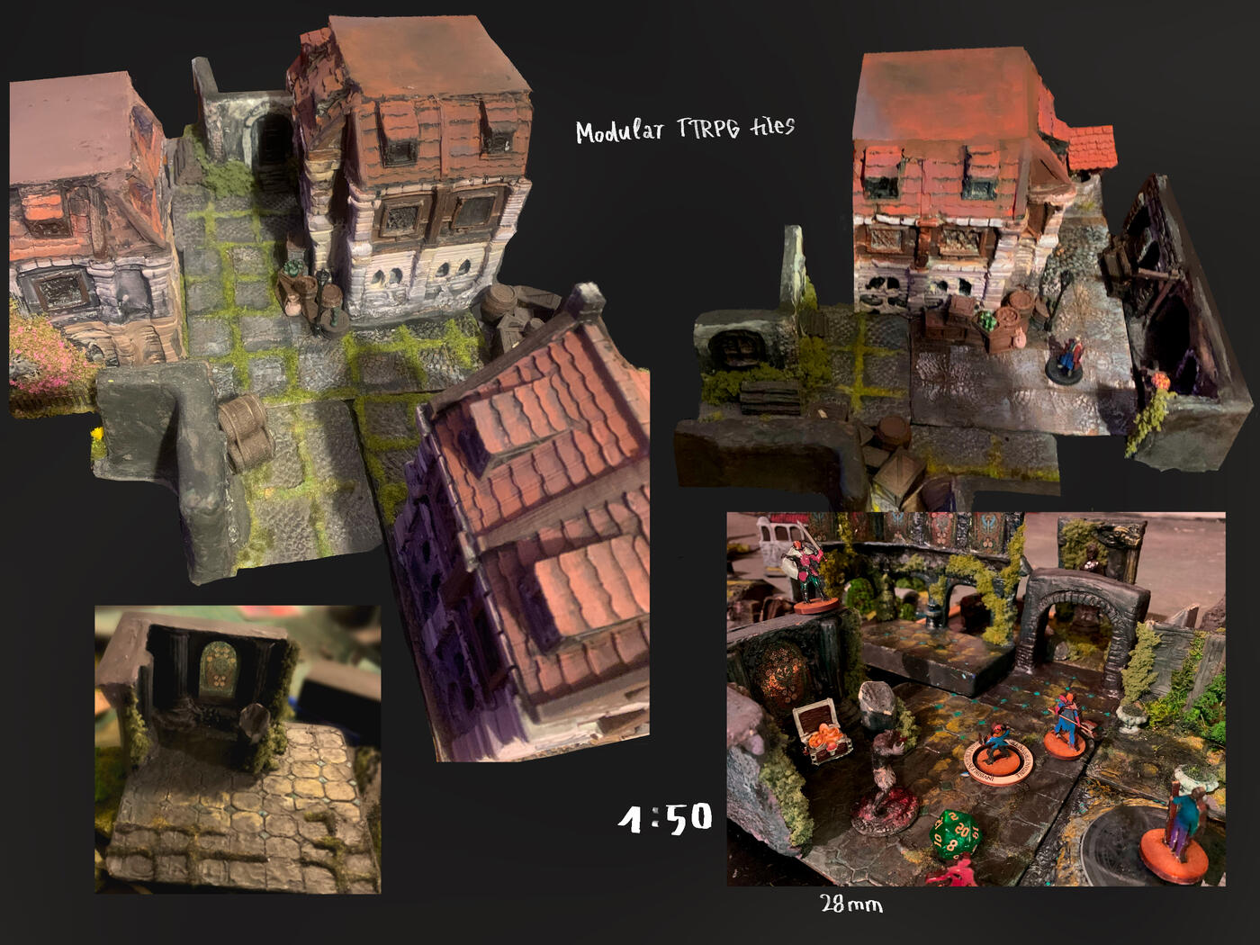 Miniature town in 1:50 scale, magnetic dungeon tiles, 2025.